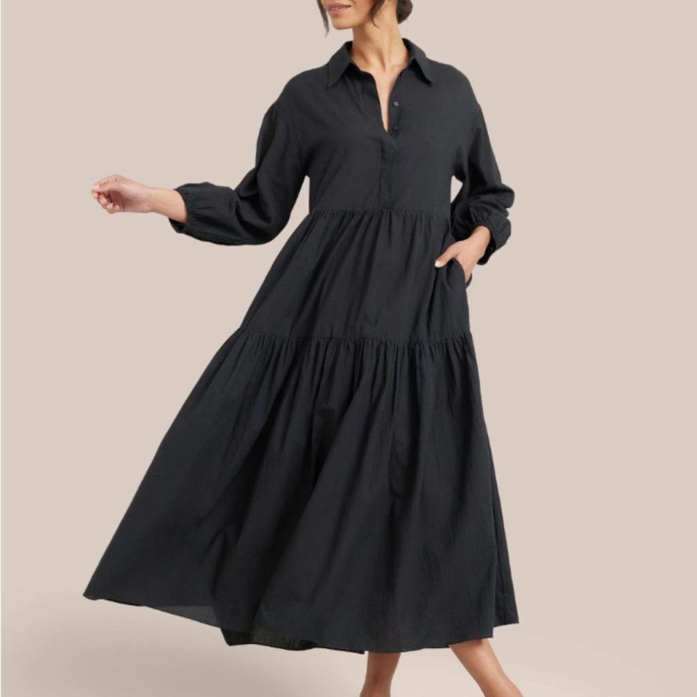 Organic Cotton Poplin Tiered Maxi Dress - Black / S